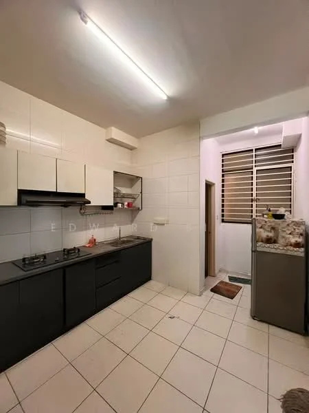 Kitchen features: black cabinetry, white tiled walls, white tiled flooring, stainless-steel sink, chrome faucet, built-in gas hob, exhaust hood, refrigerator, countertop space, open shelving, window with security bars, doorway to adjacent room; style: modern.
