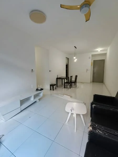 Living features: white painted walls, white tile flooring, 5-blade ceiling fan with light, sofa in black, dining table with chairs, TV console, floor lamp, open space layout; style: modern.