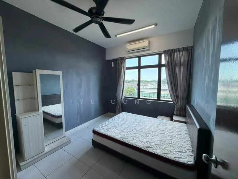 Bedroom features: queen-size bed, upholstered headboard, 2 bedside tables, full-length mirror, ceiling fan, wall-mounted air conditioning unit, floor-to-ceiling window, grey painted walls, white tiled flooring, curtains, built-in wardrobe; style: modern; view: city.
