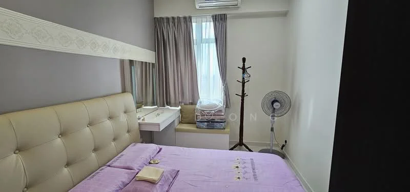 Bedroom features: queen-size bed with upholstered headboard, purple bedding, nightstand with drawer, floor-to-ceiling window, curtains, wall-mounted air conditioning unit, ceiling fan, decorative wall panel, wooden flooring, clothes rack, natural light from window; style: modern.
