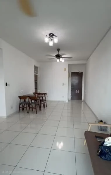 Living features: white painted walls, glossy ceramic tile flooring, 5-blade ceiling fan with light, recessed downlights, dining table with four chairs, sofa, coffee table, door leading to hallway; style: modern.