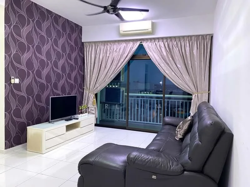 Living features: purple patterned accent wall, white painted walls, glossy white tile flooring, 3-seater black leather sofa, white TV console, wall-mounted TV, floor-to-ceiling sliding glass door, sheer curtains, black ceiling fan with light, air conditioning unit; style: modern; view: city.