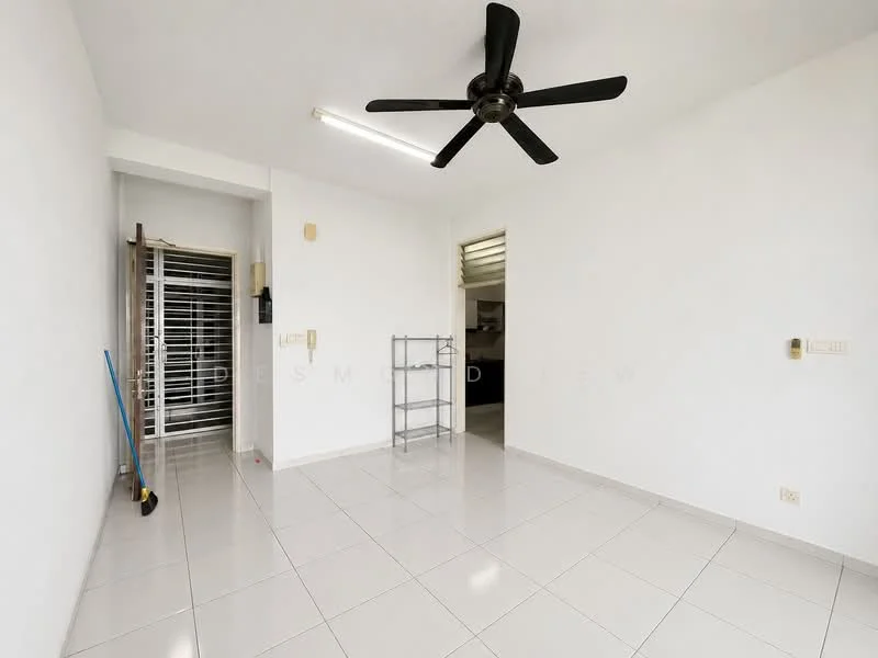 Living features: white painted walls, glossy white tile flooring, 5-blade ceiling fan, floor-to-ceiling windows, sliding glass door, metal shelving unit, clean and minimal decor, natural light from windows; style: minimalist.