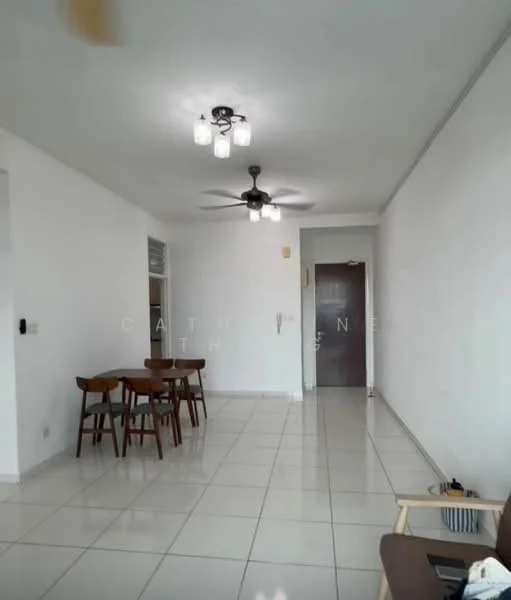 Living features: white painted walls, glossy ceramic tile flooring, recessed downlights, 2-blade ceiling fan, 4-seater dining table, wooden dining chairs, entrance door, neutral-colored sofa, large windows, open layout; style: modern.