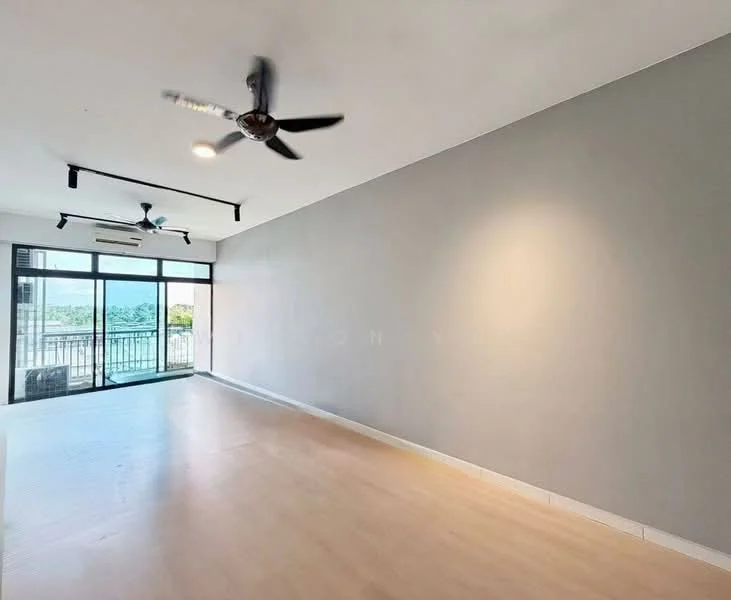 Living features: light wood flooring, grey painted walls, exposed ceiling beams, 2 ceiling fans, recessed downlights, floor-to-ceiling windows, sliding glass door, balcony access, city view; style: modern; view: city.
