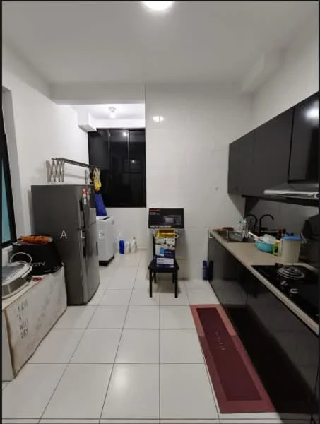 Kitchen features: white tiled walls, white tiled flooring, black cabinetry, stainless-steel fridge, built-in oven, freestanding microwave, 4-burner gas hob, stainless-steel sink, chrome pull-down faucet, kitchen countertop, small dining chair, washing machine, storage boxes, window with black frame; style: modern.