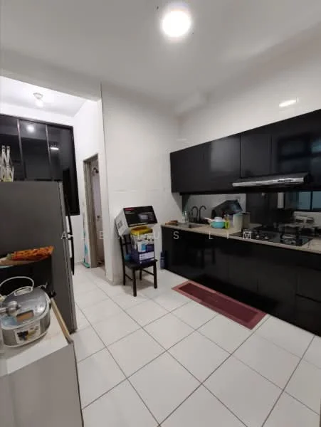 Kitchen features: black cabinetry, white tiled flooring, stainless-steel sink, chrome pull-down faucet, built-in stove with exhaust hood, microwave, rice cooker, kitchen countertop, refrigerator, kitchen chair, wall-mounted cabinets, open shelving, decorative wall art; style: modern.