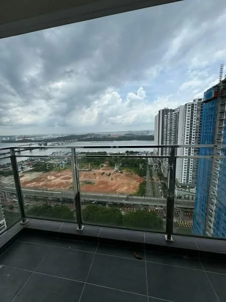 Room features: glass railing, grey tiled flooring, city skyline view, waterfront view, overcast sky; style: modern; view: city.
