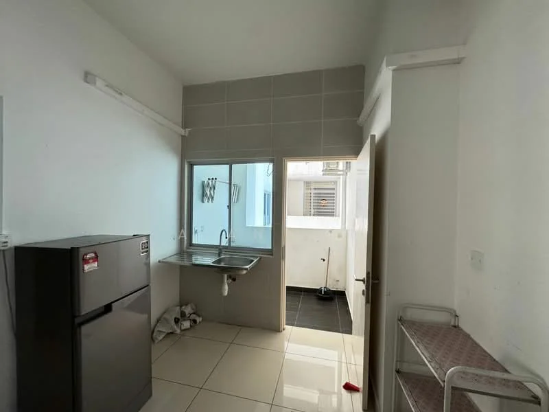 Kitchen features: white painted walls, grey tiled backsplash, single-bowl stainless-steel sink, chrome pull-down faucet, black fridge, white floor tiles, window with view to outdoor area, counter space, door leading to utility area; style: modern. Utility features: black floor tiles, window, cleaning supplies visible.