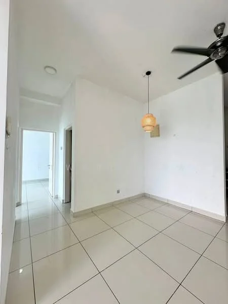 Room features: white painted walls, glossy ceramic tile flooring, ceiling fan, pendant light, recessed ceiling, doorway leading to another room, neutral color scheme; style: modern.