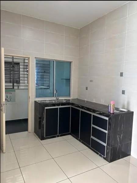 Kitchen features: black granite countertop, stainless-steel sink, chrome pull-down faucet, black cabinetry, white tiled walls, white floor tiles, built-in cabinets, window with metal grilles; style: modern.