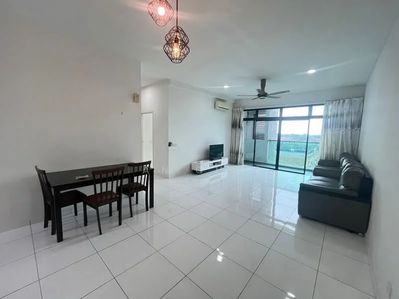 Living features: white painted walls, glossy white tile flooring, 5-blade ceiling fan with light, sofa in grey, 3-seater fabric sofa, coffee table, TV console, wall-mounted TV, floor-to-ceiling windows, sheer curtains, dining table with 4 chairs, recessed LED downlights; style: modern; view: city.