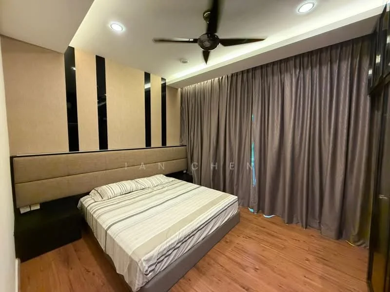 Bedroom features: king-size bed with upholstered headboard, striped bedding, wooden flooring, floor-to-ceiling curtains in grey, ceiling fan, recessed downlights, accent wall with vertical stripes, nightstand with drawer; style: modern.