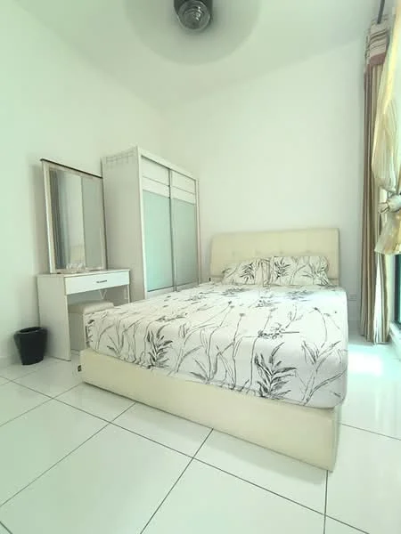 Bedroom features: queen-size bed with floral bedding, upholstered headboard, white painted walls, white tiled flooring, built-in wardrobe with sliding doors, vanity table with mirror, ceiling fan, curtains, black waste bin; style: modern.