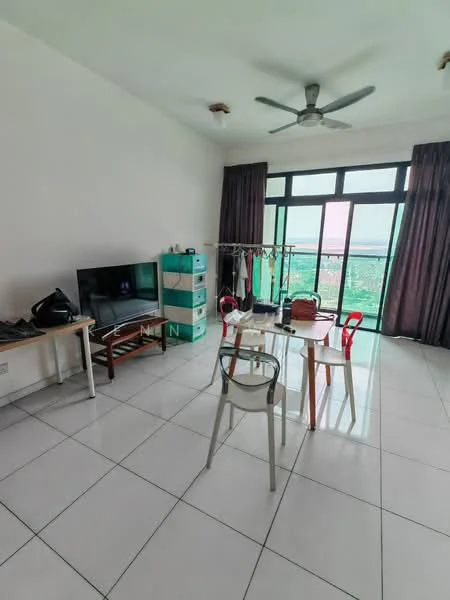 Living features: white painted walls, tile flooring, 5-blade ceiling fan, floor-to-ceiling windows, curtains, TV console, wall-mounted TV, dining table with chairs, clothes rack, green storage unit, decorative items on table; style: modern; view: city.