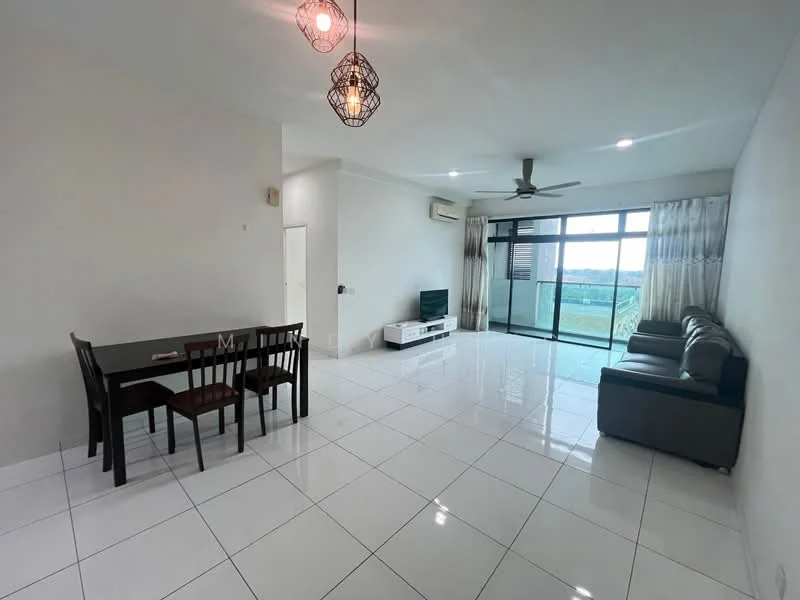 Living features: white painted walls, glossy white tile flooring, 5-blade ceiling fan with light, sofa in grey fabric, coffee table, TV console in white, wall-mounted TV, floor-to-ceiling windows, sheer curtains, dining table for 4, decorative pendant lights; style: modern; view: city.