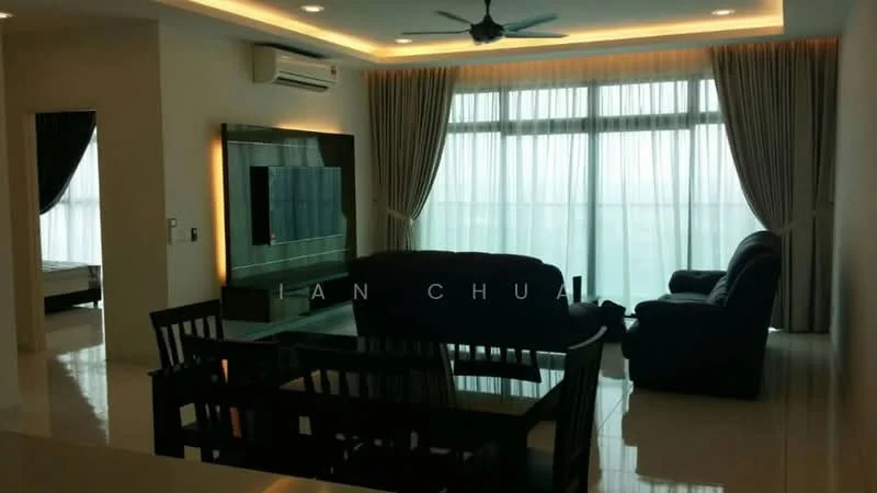 Living features: 5-blade ceiling fan with integrated LED light, floor-to-ceiling windows with sheer curtains, grey leather sofa, dark wood dining table with four chairs, wall-mounted TV, recessed lighting, white painted walls, glossy tile flooring; style: modern; view: city.