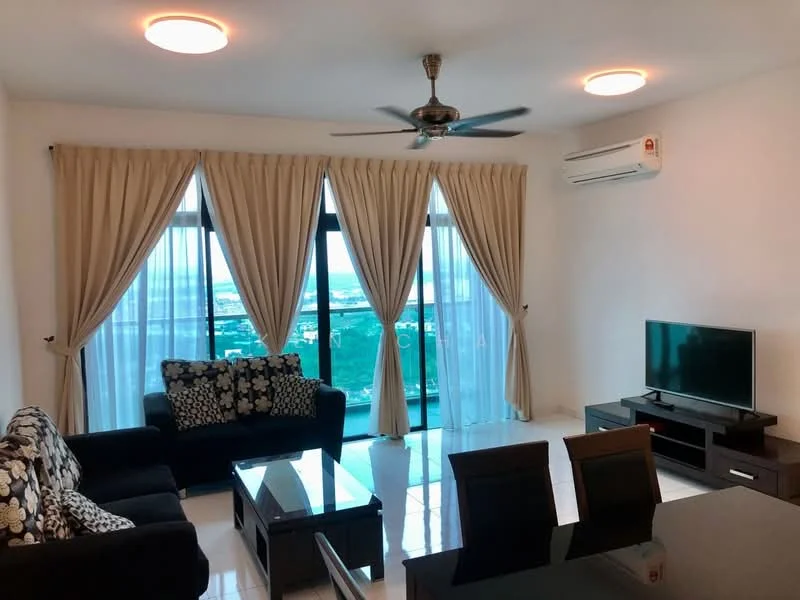 Living features: 3-seater fabric sofa in black, 2-seater fabric sofa with floral pattern, glass coffee table, TV console, wall-mounted TV, floor-to-ceiling windows, sheer curtains, blackout curtains, ceiling fan with light, recessed downlights, white painted walls, glossy tile flooring, air conditioning unit; style: modern; view: city.