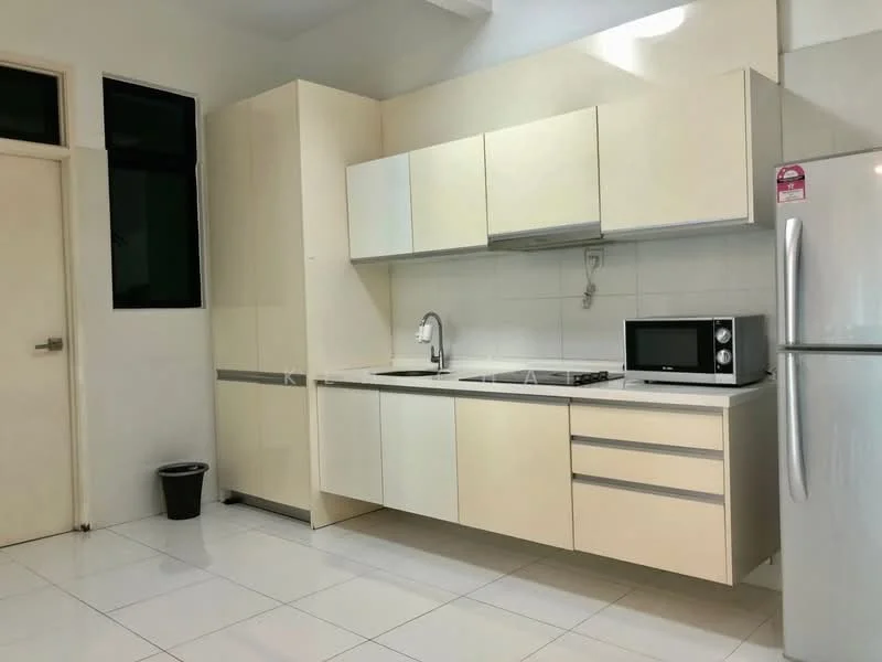 Kitchen features: cream cabinetry, white countertop, single-bowl stainless-steel sink, chrome pull-down faucet, built-in gas hob, built-in microwave, stainless-steel fridge, white tiled backsplash, white tiled flooring, recessed ceiling lights, window with black frame, trash bin; style: modern.