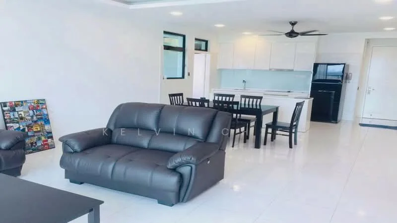 Living features: black leather sofa, coffee table, white walls, recessed downlights, 5-blade ceiling fan, large windows, white tiled flooring, open-plan layout; style: modern. Dining features: 4-seater dining table, black dining chairs, white cabinetry, kitchen countertop, black refrigerator; style: modern.