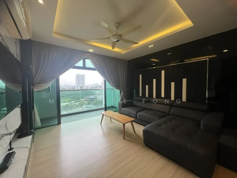 Living features: L-shape sectional sofa in black, wooden coffee table, floor-to-ceiling windows, curtains in grey, recessed downlights, ceiling fan, wooden flooring, black accent wall with vertical design, marble feature wall, view of city skyline; style: modern; view: city.