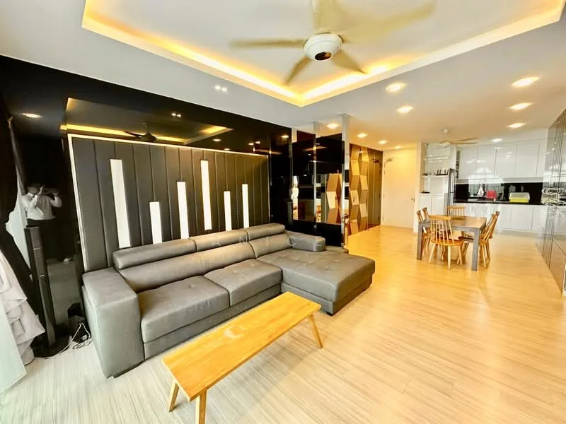 Living features: L-shape sectional sofa in grey, wood coffee table, ceiling fan with light, recessed LED downlights, feature wall with vertical panels, light wood flooring, open-plan layout to kitchen, dining area with wooden dining table, wall-mounted TV, decorative wall mirrors; style: modern.