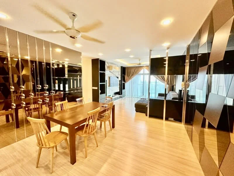 Dining features: wood dining table, 4 wooden dining chairs, ceiling fan with light, mirrored wall, laminate flooring, recessed downlights, large windows with sheer curtains, open layout to living area; style: modern; view: city. Living features: black leather sofa, coffee table, TV console, wall-mounted TV, laminate flooring, large windows with sheer curtains, recessed downlights, decorative wall panels; style: modern; view: city.