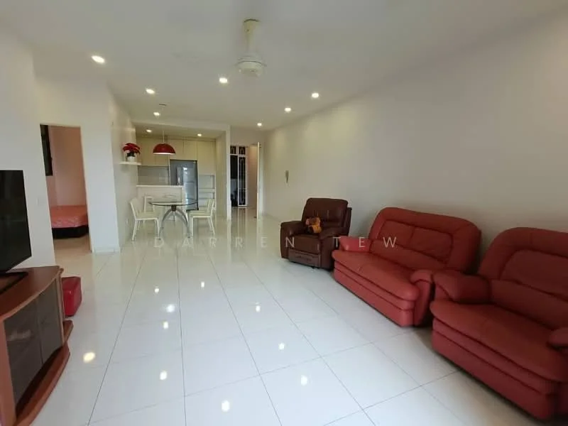 Living features: white painted walls, glossy white tile flooring, 5-blade ceiling fan, 2 red leather sofas, coffee table, TV console, wall-mounted TV, recessed lighting; style: modern. Dining features: glass dining table, 4 dining chairs, pendant light above dining table; style: modern.