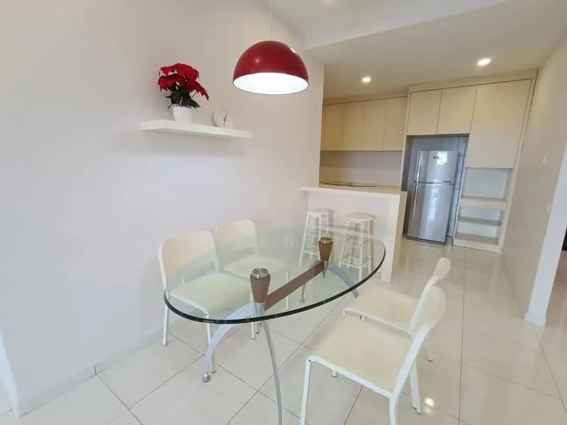 Dining features: glass dining table, 4 white dining chairs, red pendant light, white painted walls, white cabinetry, stainless-steel fridge, ceramic tile flooring, open kitchen layout; style: modern.