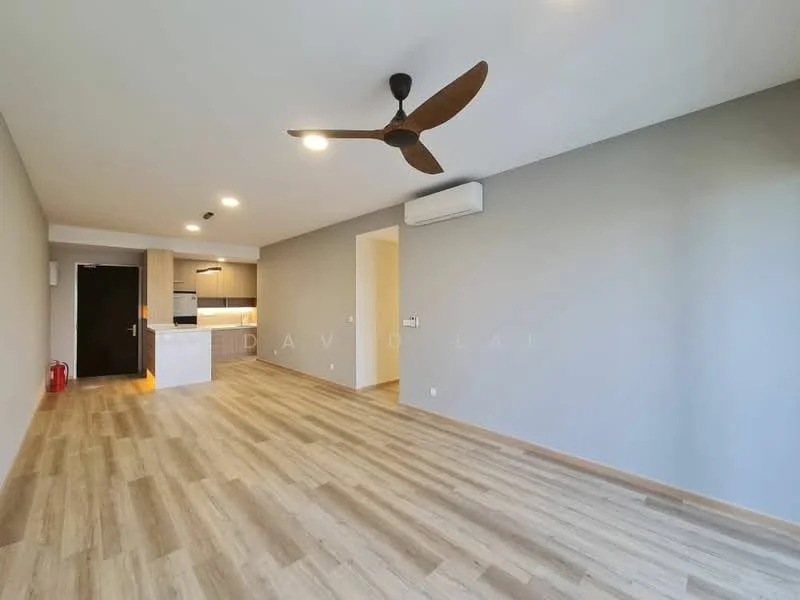 Living features: wooden flooring, grey painted walls, 5-blade ceiling fan, wall-mounted split AC, recessed downlights, open layout to kitchen, fire extinguisher, doorway to kitchen, natural light from windows; style: modern. Kitchen features: kitchen island, stainless-steel appliances, light wood cabinetry, white countertops, open layout to living area; style: modern.