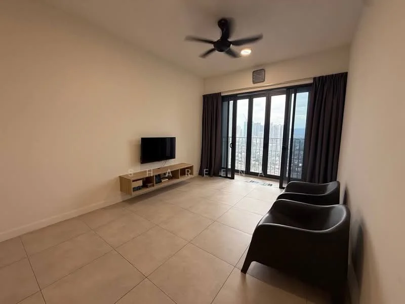 Living features: floor-to-ceiling windows, sliding glass door, blackout curtains, 2 black armchairs, wall-mounted TV, TV console, ceiling fan, light-colored walls, tile flooring, open layout, city view; style: modern; view: city.