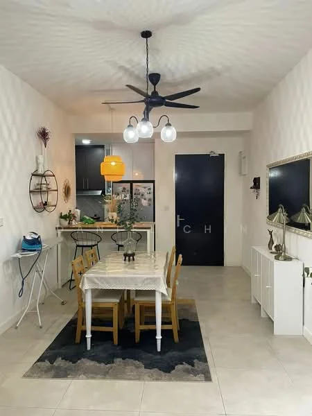 Dining features: 4-seater dining table with white tablecloth, wooden dining chairs, area rug with abstract pattern, pendant light with three bulbs, 5-blade ceiling fan, wall-mounted mirror, sideboard with decorative items, open shelving with kitchen items, black door, white painted walls, tile flooring; style: modern.