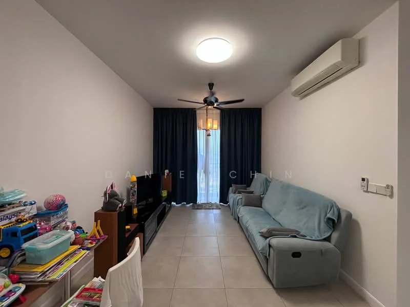 Living features: light grey fabric sofa, ceiling fan, wall-mounted split AC, large window with sheer curtains, tile flooring, TV console, decorative items on shelves, area rug, recessed ceiling light; style: modern.