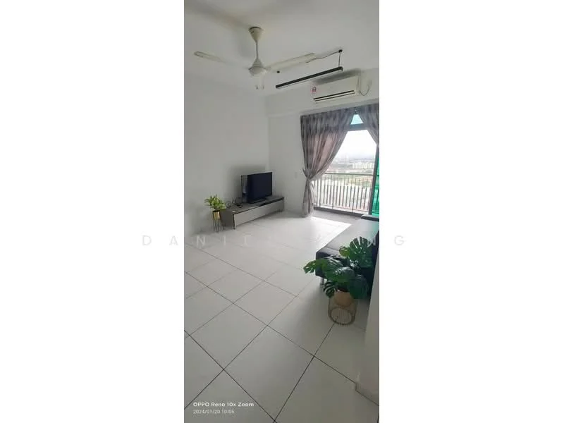 Living features: white painted walls, ceramic tile flooring, 5-blade ceiling fan with light, wall-mounted TV, TV console, large window with city view, sheer curtains, indoor plants in ceramic pots, air conditioning unit; style: modern; view: city.