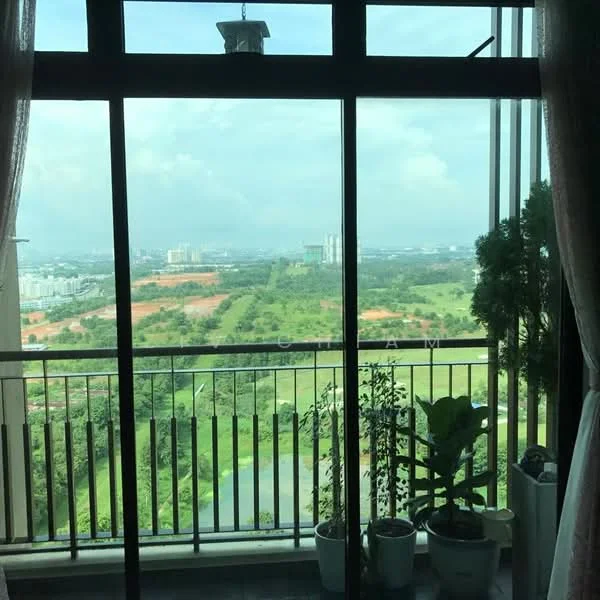 Room features: floor-to-ceiling windows, balcony with railing, curtains, potted plants, view of greenery, view of water body, city skyline in distance, natural light; style: modern; view: garden.