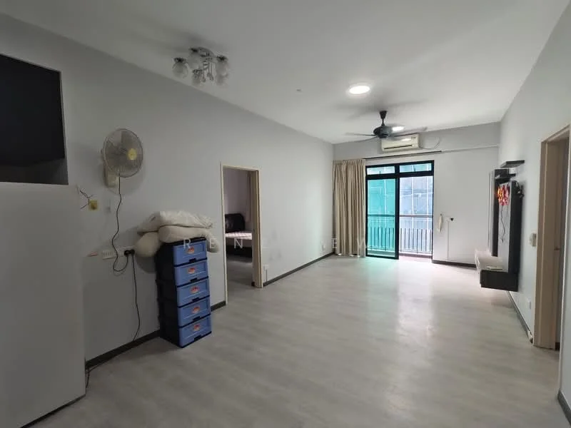 Living features: light grey laminate flooring, white painted walls, ceiling fan with light, recessed downlights, large sliding glass door, curtains, wall-mounted TV, built-in cabinet, open layout, window with view to balcony; style: modern. Room features: white painted walls, doorway leading to another room, light grey laminate flooring.