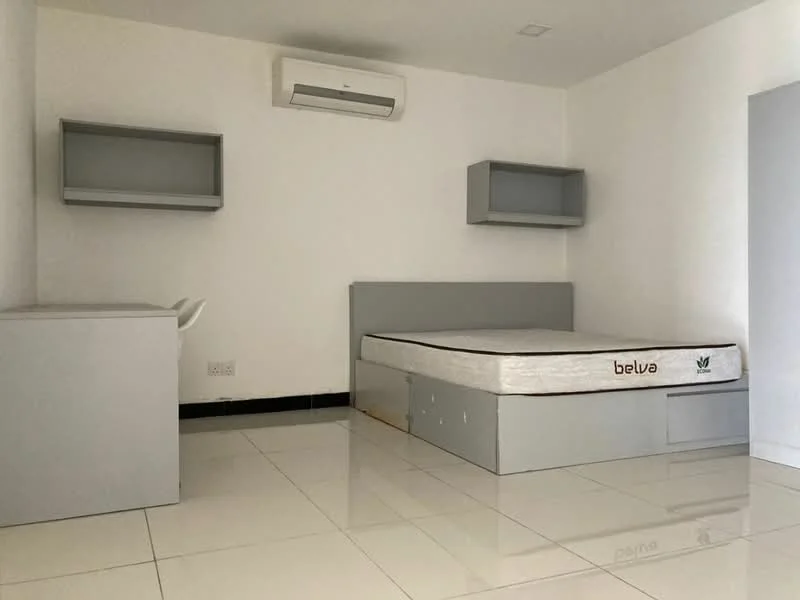 Bedroom features: white painted walls, glossy tile flooring, queen-size bed, grey bed frame, air conditioning unit, two wall-mounted shelves, small cabinet, black skirting, minimalist decor; style: modern.