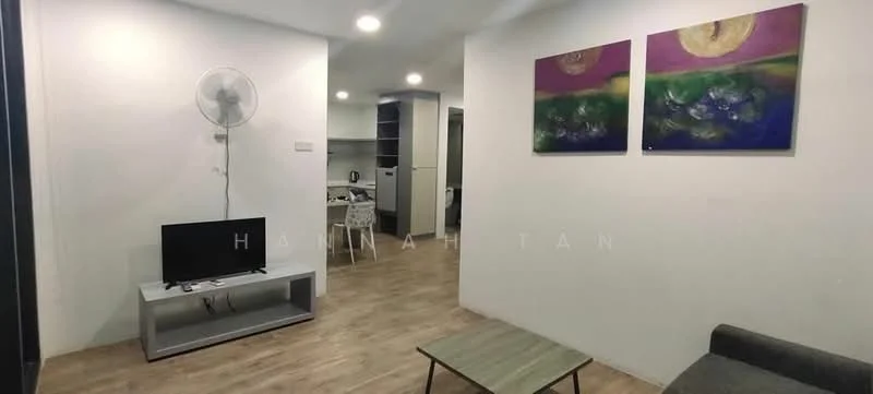 Living features: light wood laminate flooring, white painted walls, ceiling fan, wall-mounted TV, TV console in white, coffee table, sofa in grey fabric, framed artwork on walls; style: modern. Room features: open kitchen area visible in background, dining table with chairs visible in background.