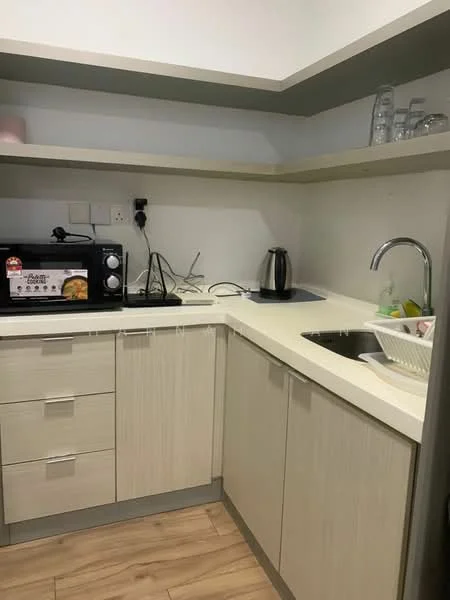 Kitchen features: light wood cabinetry, white countertop, single-bowl stainless-steel sink, chrome pull-down faucet, built-in microwave, electric kettle, open shelving, tile backsplash, under-cabinet lighting, wood-look laminate flooring; style: modern.