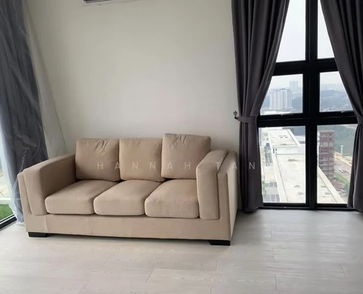 Living features: beige fabric sofa, floor-to-ceiling windows, grey curtains, light wood flooring, city skyline view, air conditioning unit; style: modern; view: city.