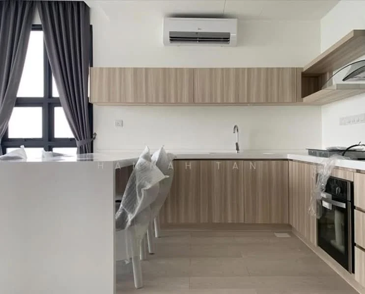 Kitchen features: white cabinetry with wood accents, stainless-steel sink, chrome pull-down faucet, built-in oven, 4-burner gas hob, white countertop, recessed downlights, wall-mounted split AC, floor-to-ceiling windows, grey curtains, light wood flooring; style: modern.