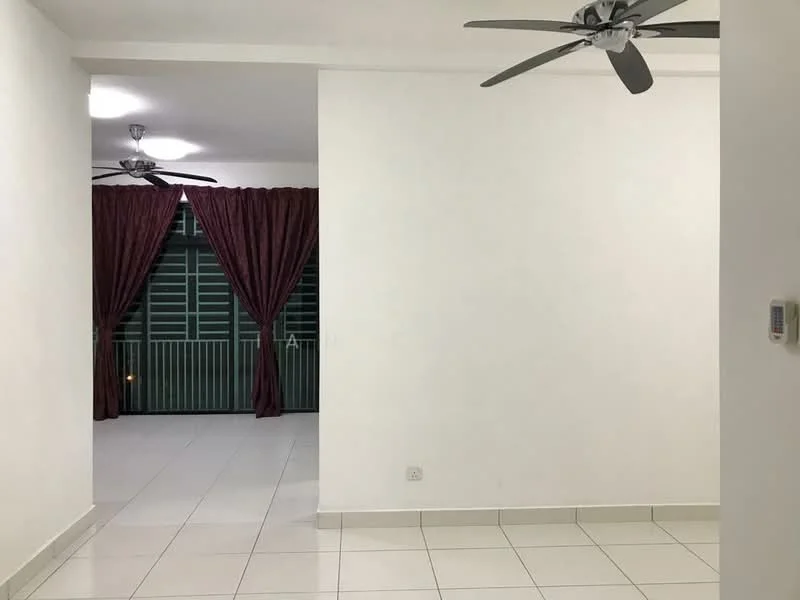 Room features: white painted walls, ceramic tile flooring, 2 ceiling fans, curtains in burgundy, sliding glass door, green window grilles, light fixtures on ceiling; style: modern.