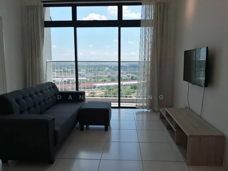 Living features: black fabric sofa, small ottoman, wall-mounted TV, TV console in light wood, floor-to-ceiling windows, sheer curtains, white painted walls, tile flooring, city view; style: modern; view: city.