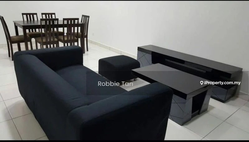 Living features: black fabric sofa, 2-seater sofa, black coffee table, black TV console, black ottoman, dining table with 4 wooden chairs, white tiled flooring, plain white walls, no visible decor; style: modern.