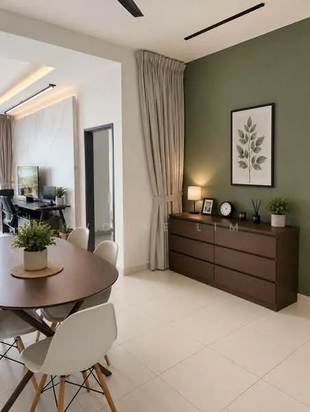 Dining features: round dining table, 6 dining chairs, wooden sideboard, green accent wall, white walls, cream curtains, decorative wall art, indirect lighting, tile flooring, ceiling fan; style: modern.