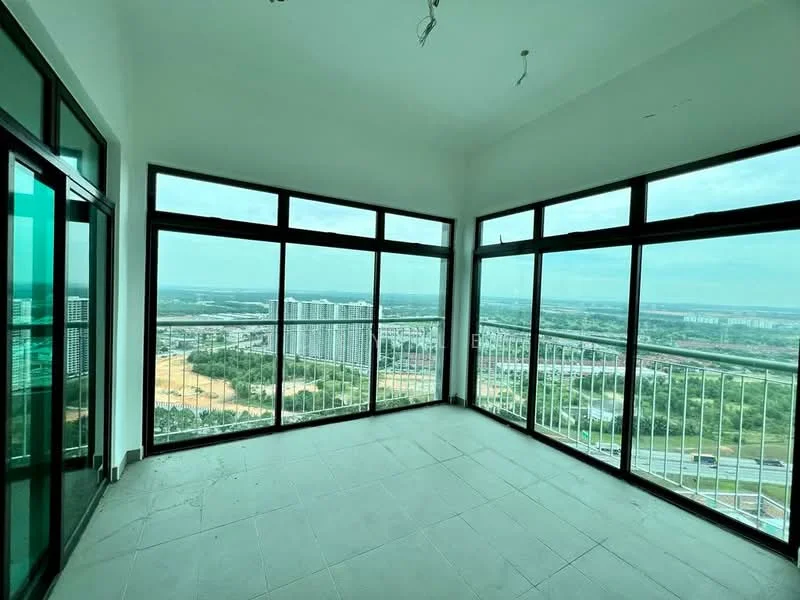 Room features: floor-to-ceiling windows, glass sliding doors, white painted walls, grey tile flooring, city view, open layout, natural light, high ceiling; style: modern; view: city.