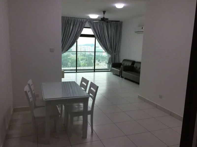 Living features: white painted walls, white ceiling, recessed downlights, 5-blade ceiling fan, floor-to-ceiling windows, sliding glass door, grey leather sofa, dining table with 4 white chairs, tile flooring, curtains, air conditioning unit; style: modern; view: city.