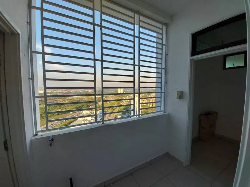 Room features: floor-to-ceiling windows, sliding window grilles, white painted walls, tile flooring, city view, natural light, corner of room visible, open space; style: modern; view: city.