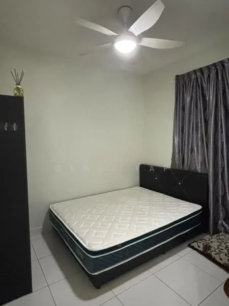 Bedroom features: white painted walls, white ceiling, 5-blade ceiling fan with light, queen-size bed, black upholstered bed frame, mattress without bedding, grey curtains, tiled flooring, black wardrobe, decorative rug; style: modern.