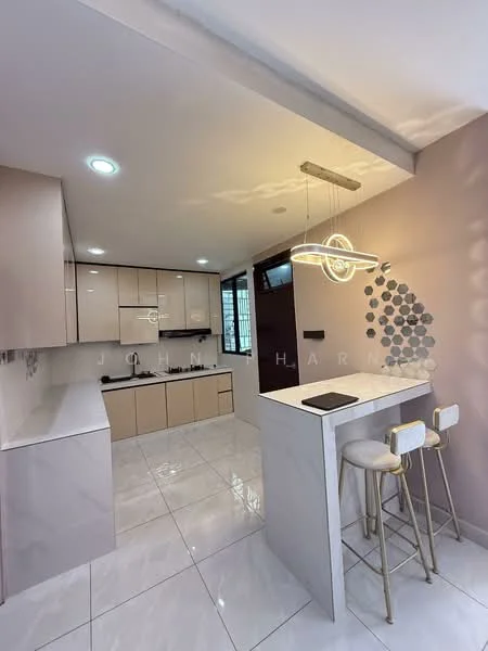 Kitchen features: white marble countertop, light beige cabinetry, built-in oven, stainless-steel sink, chrome pull-down faucet, white tiled backsplash, recessed downlights, pendant light fixture, bar seating with gold stools, ceramic tile flooring, open layout, window for natural light; style: modern.